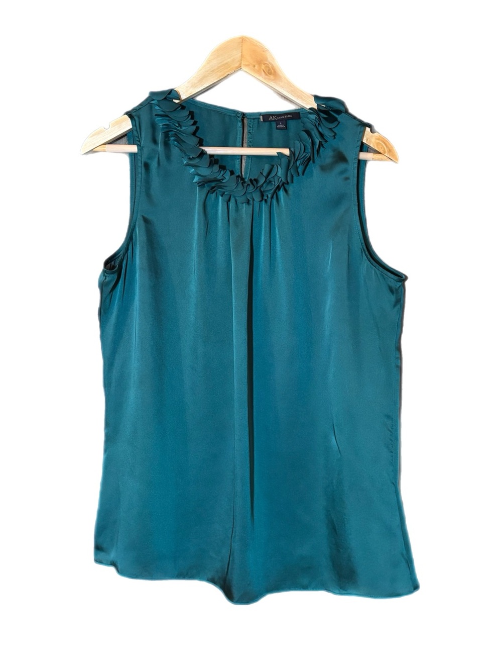 Anne Klein teal sleeveless satin top w/ frilly neckline detail